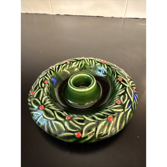 Vintage 90's PIER 1 Made in Italy Christmas Candle Holder Green Holly Porcelain - Picture 1 of 5